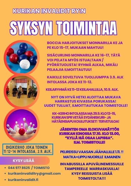 Kurikan Invalidit ry:n syksyn 2025 toimintaa.