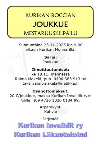 Boccian Kurikan mestaruus joukkuekisana Monnarilla 23.11.2025. Boccian Kurikan mestaruus joukkuekisana Monnarilla 23.11.2025.