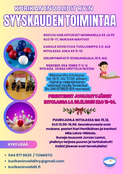 Kurikan Invalidit ry:n syyskauden toiminnan esittelyä.