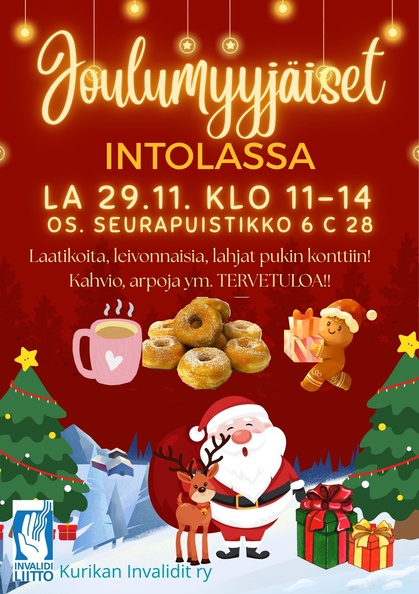 Joulumyyjäiset Intolassa 29.11.2025 klo 11.00-14.00. Tervetuloa!