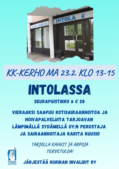 Helmikuun kk-kerho Intolassa 23.2.2026 klo 13-15.