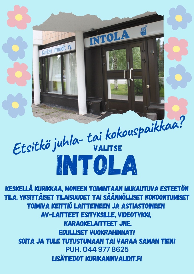 Intola on moneen toimintaan soveltuva juhla-, kokous- ja kerhotila.