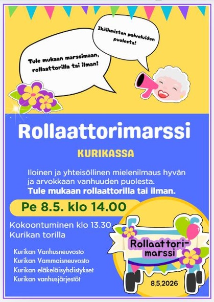 Rollaattorimarssi Kurikassa perjantaina 8.5. klo 14.00 Kurikan torilla.