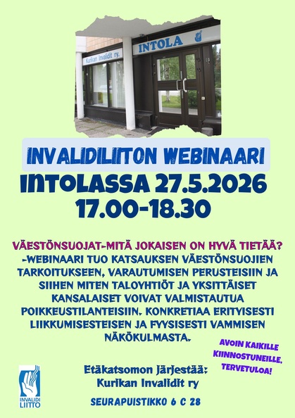 Intolassa katsottavissa Invalidiliiton webinaari 19.5.