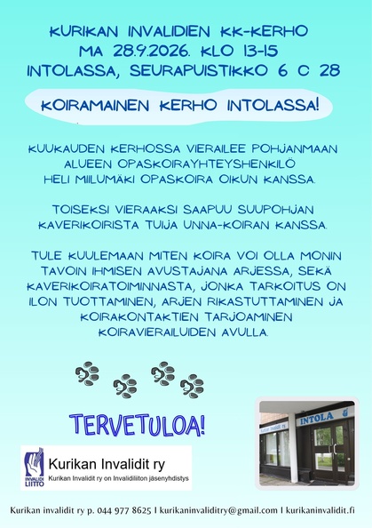 Koiramainen syyskuun kerho Intolassa 28.9. klo 13.00-15.00. Koiramainen syyskuun kerho Intolassa 28.9. klo 13.00-15.00.